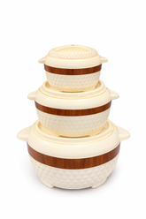 Luxury Insulated Hotpot Set – Pack of 3 | Cream & Wood-Style Serving Casserole Bowls