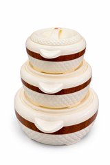 Luxury Insulated Hotpot Set – Pack of 3 | Cream & Wood-Style Serving Casserole Bowls