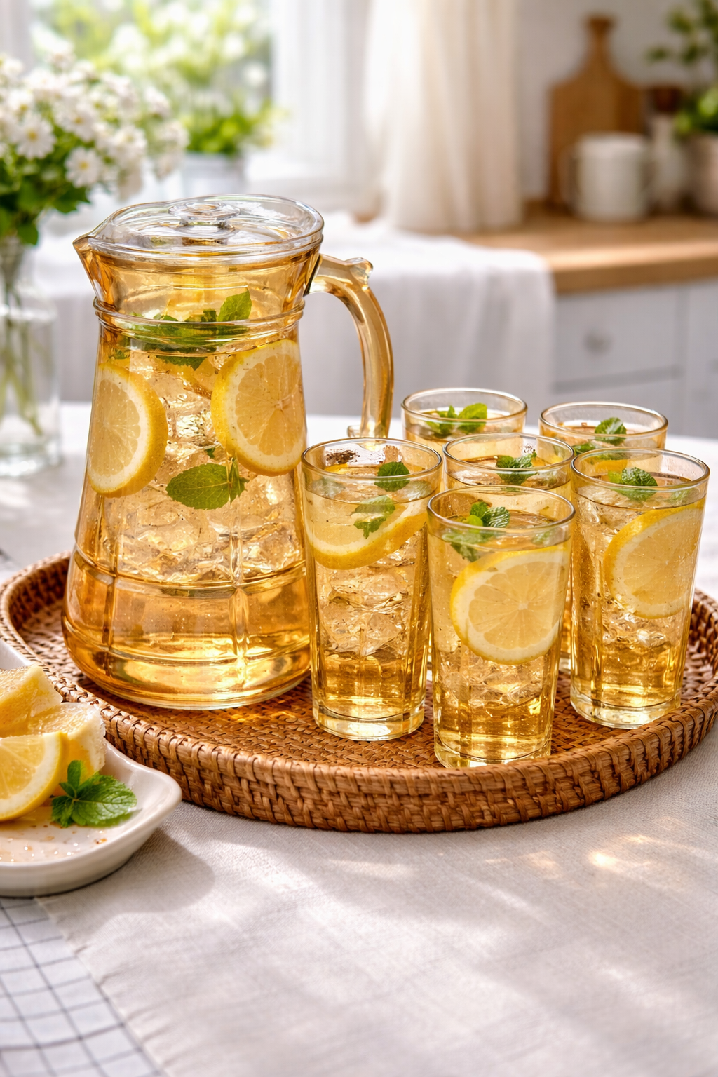 Amber Glass Jug Set with Lid & 6 Matching Tumblers