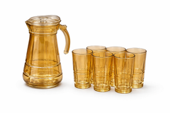 Amber Glass Jug Set with Lid & 6 Matching Tumblers