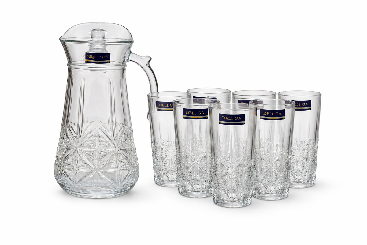 Luxury Crystal Cut Glass Jug Set with Lid & 6 Tall Tumblers