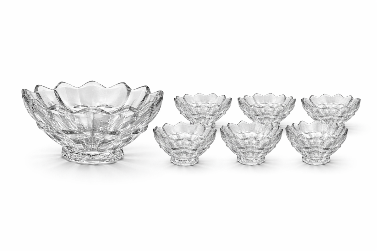 Elegant Crystal Cut Dessert Bowl Set – 1 Large Bowl & 6 Small Bowls