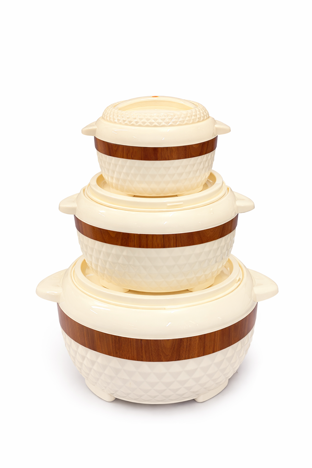 Luxury Insulated Hotpot Set – Pack of 3 | Cream & Wood-Style Serving Casserole Bowls