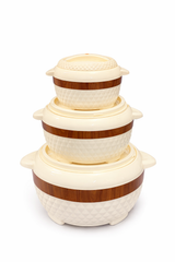 Luxury Insulated Hotpot Set – Pack of 3 | Cream & Wood-Style Serving Casserole Bowls