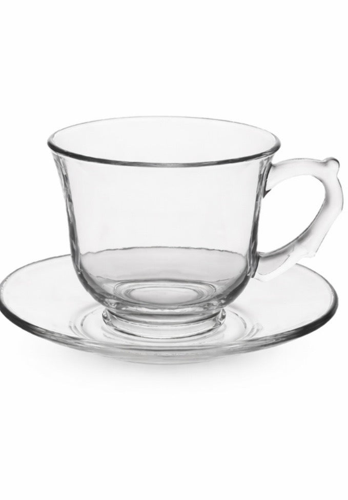 Clear Glass Tea Cup & Saucer Set – Pack of 6 | Elegant Everyday Drinkware